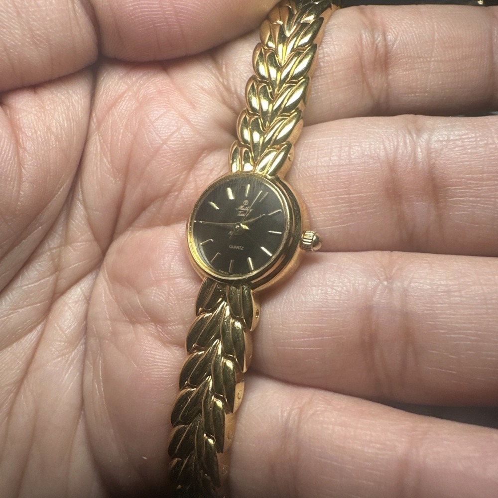 Working VTG Mathey Tissot Swiss 18mm Gold Tone Black Dial WomenS Watch FIT 6.75"